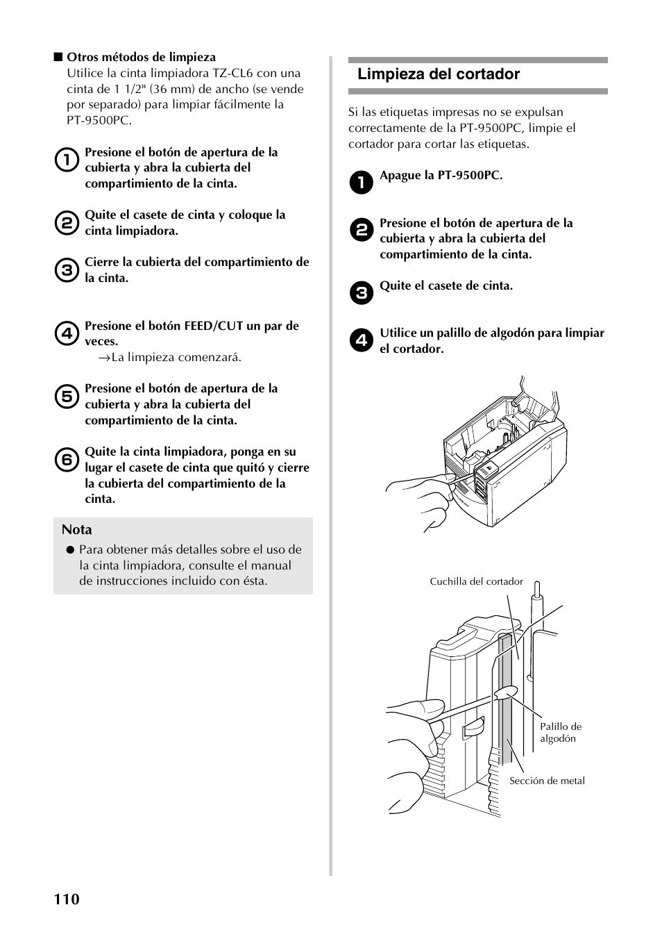Limpieza del cortador, Nota | Brother PT-9500PC User Manual | Page 238 / 254