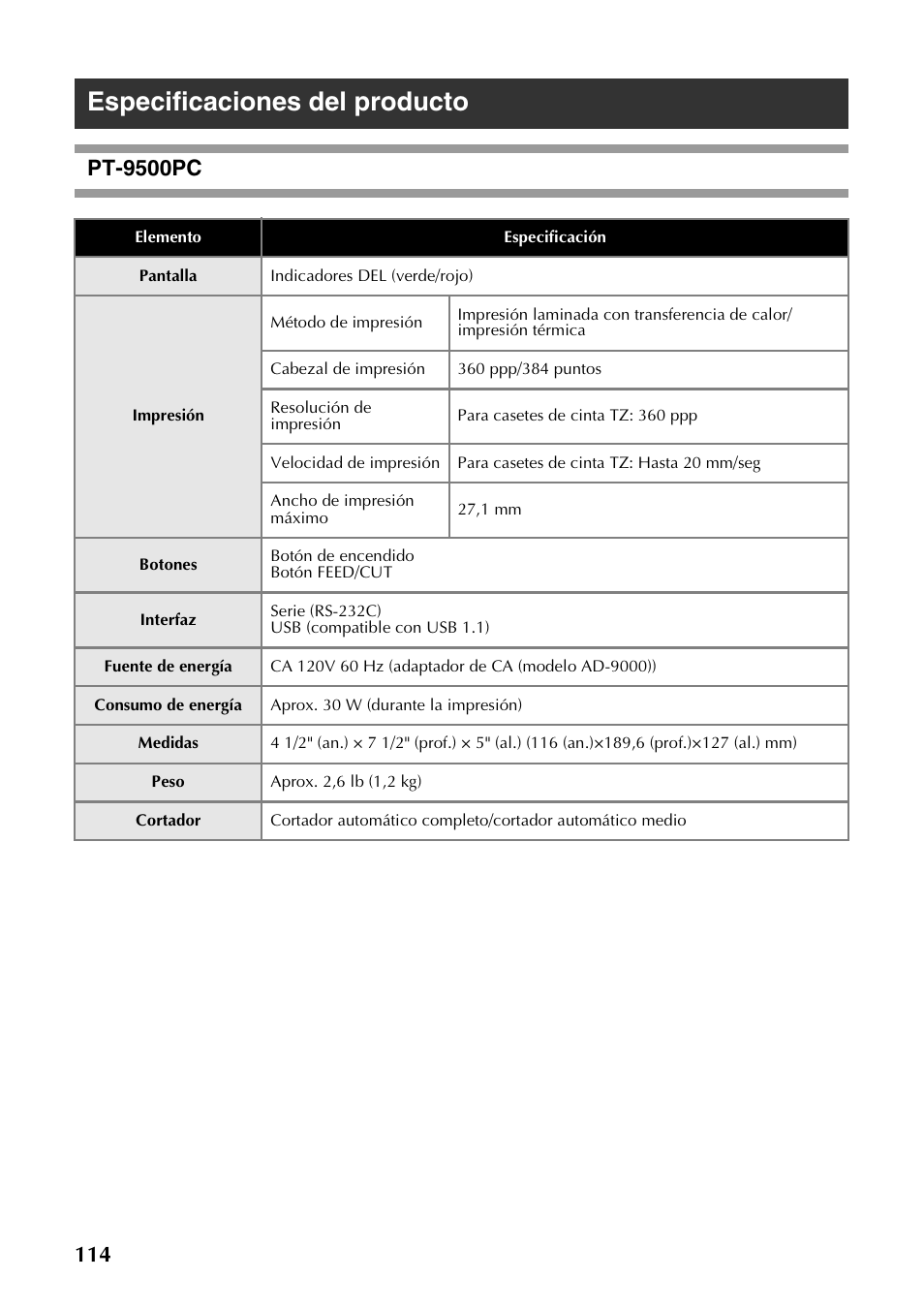 Especificaciones del producto, Pt-9500pc | Brother PT-9500PC User Manual | Page 242 / 254