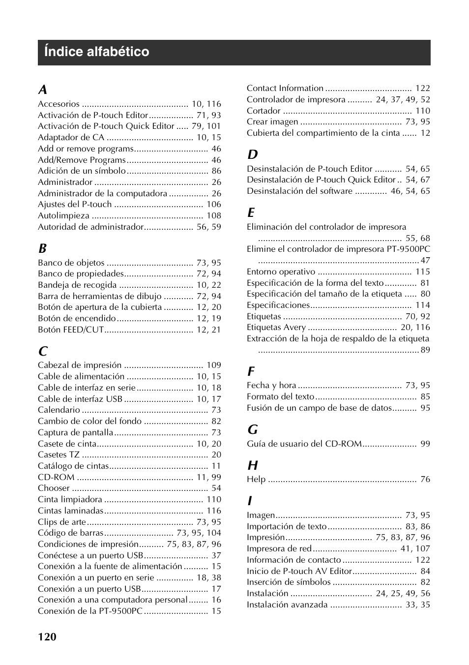 Índice alfabético, Índice alfabético a | Brother PT-9500PC User Manual | Page 248 / 254