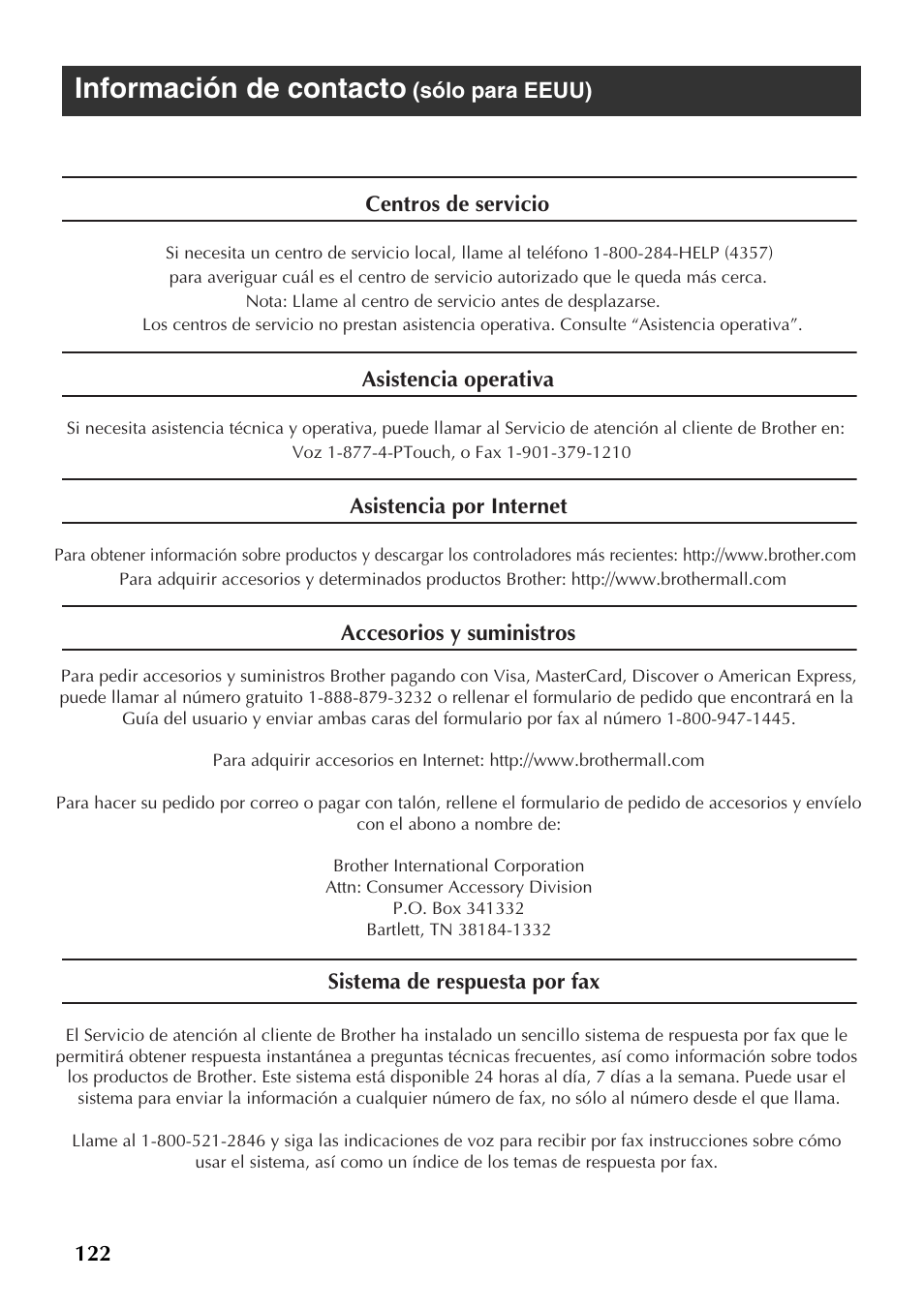 Información de contacto (sólo para eeuu), Contact information, Información de contacto | Brother PT-9500PC User Manual | Page 250 / 254