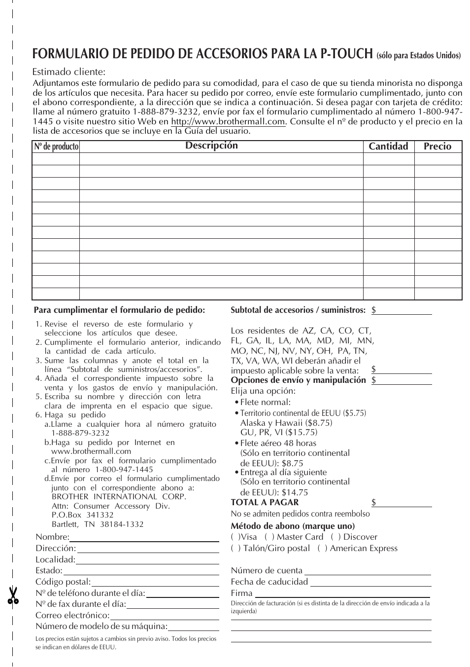Formulario de pedido de accesorios para la p-touch | Brother PT-9500PC User Manual | Page 253 / 254