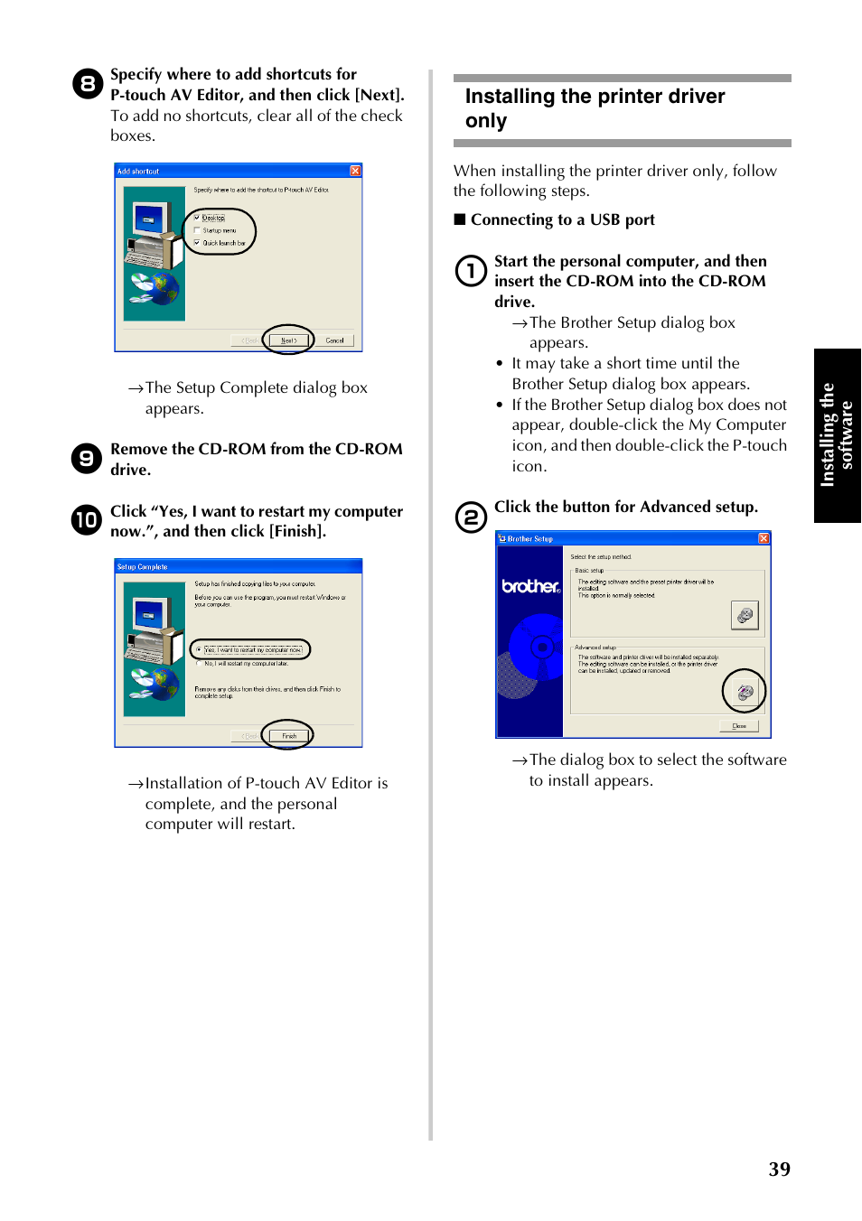 Installing the printer driver only, P.39), Installing the | Printer driver only | Brother PT-9500PC User Manual | Page 40 / 254