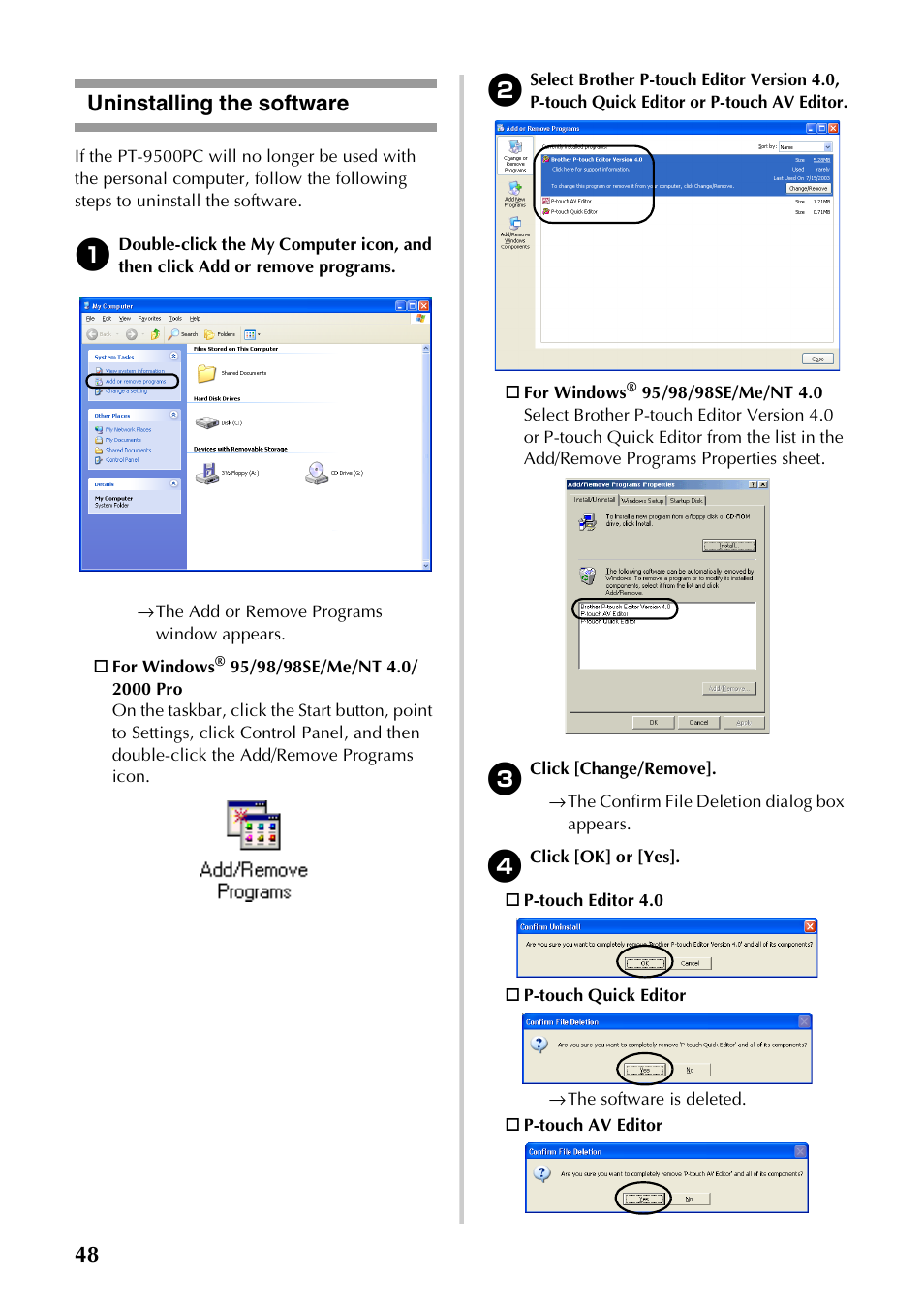 Uninstalling the software, 48 uninstalling the software | Brother PT-9500PC User Manual | Page 49 / 254