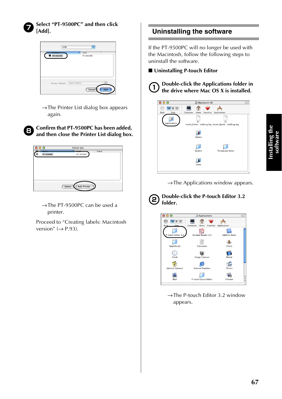Uninstalling the software | Brother PT-9500PC User Manual | Page 68 / 254