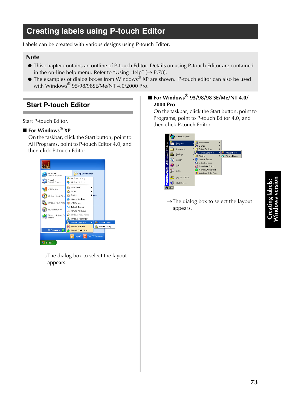 Creating labels using p-touch editor, Start p-touch editor, P.73) | Brother PT-9500PC User Manual | Page 74 / 254