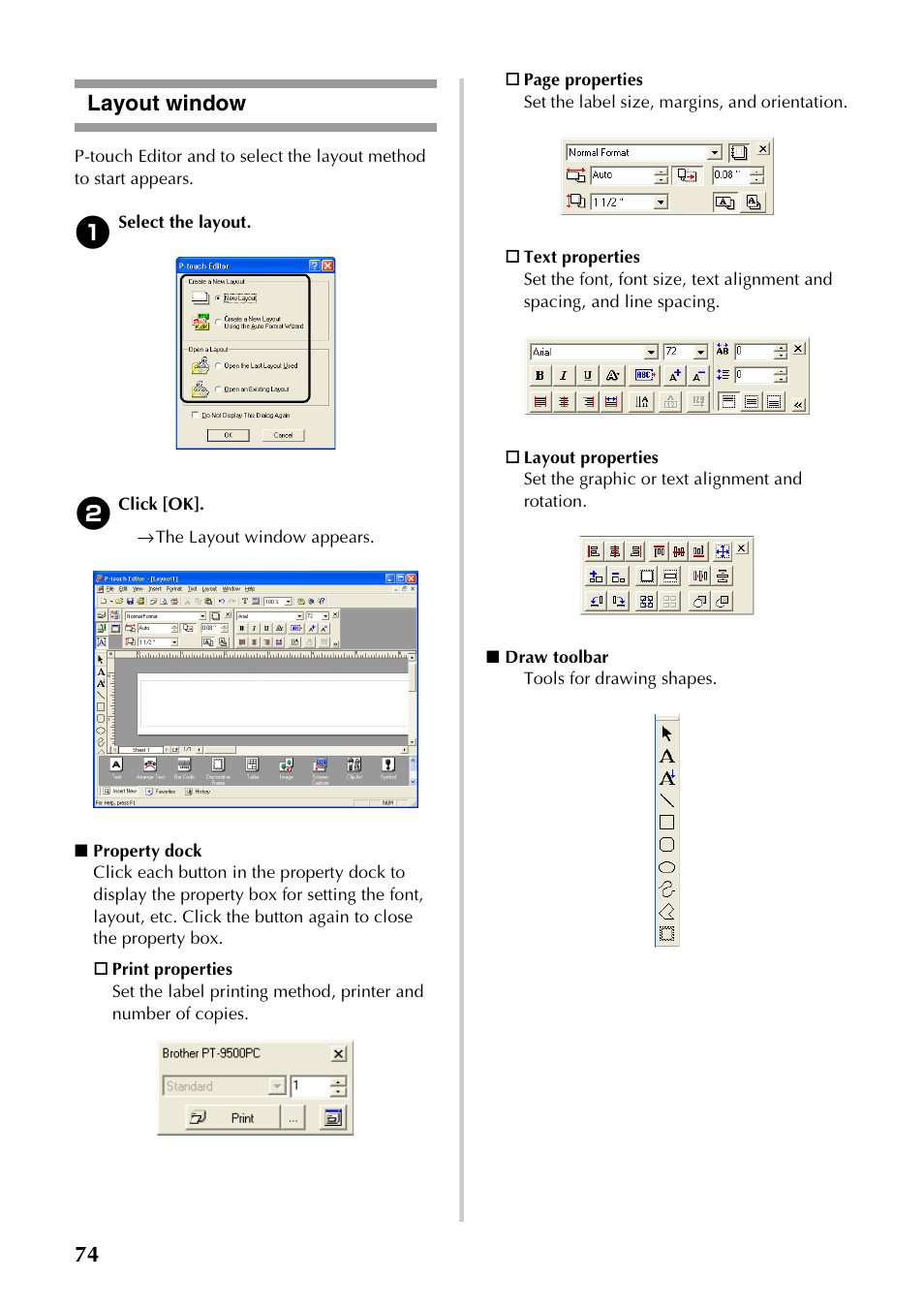 Layout window, 74 layout window | Brother PT-9500PC User Manual | Page 75 / 254