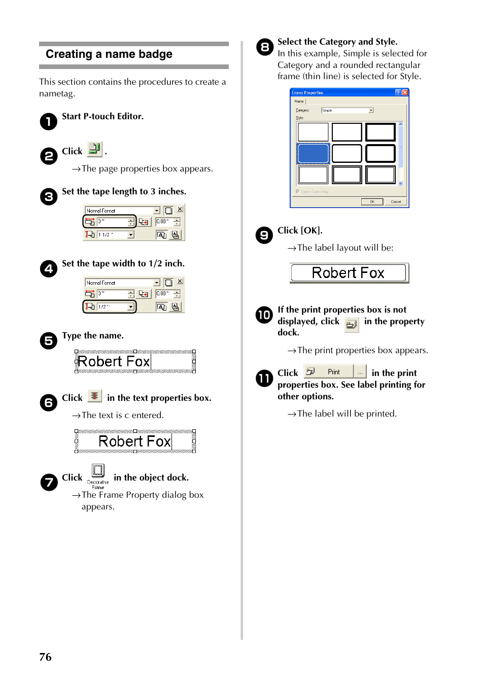 Creating a name badge, 76 creating a name badge | Brother PT-9500PC User Manual | Page 77 / 254