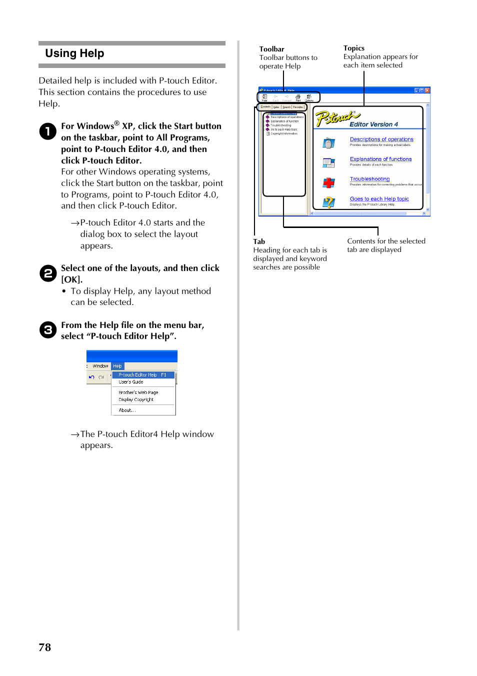 Using help, 78 using help | Brother PT-9500PC User Manual | Page 79 / 254