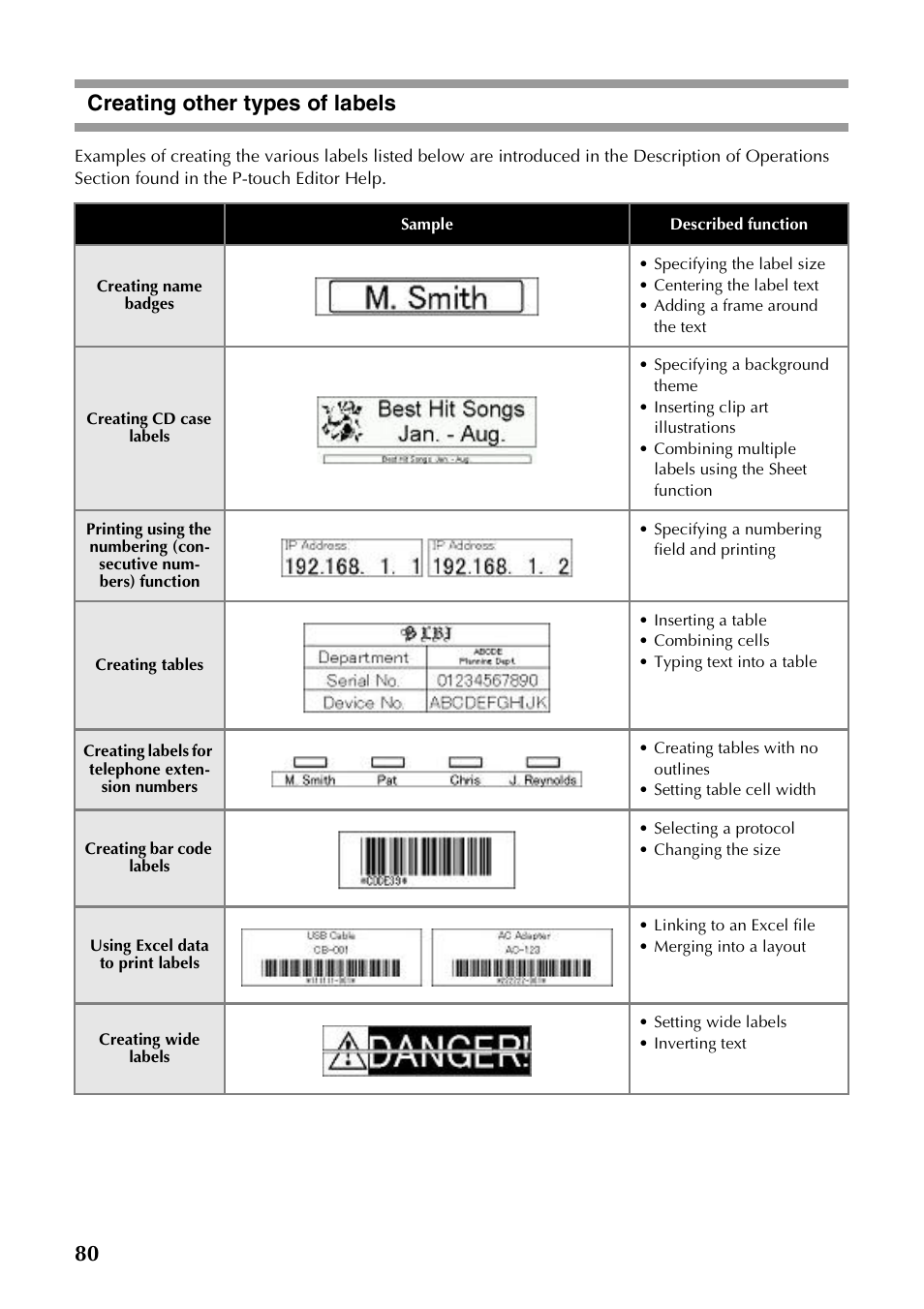 Creating other types of labels, 80 creating other types of labels | Brother PT-9500PC User Manual | Page 81 / 254