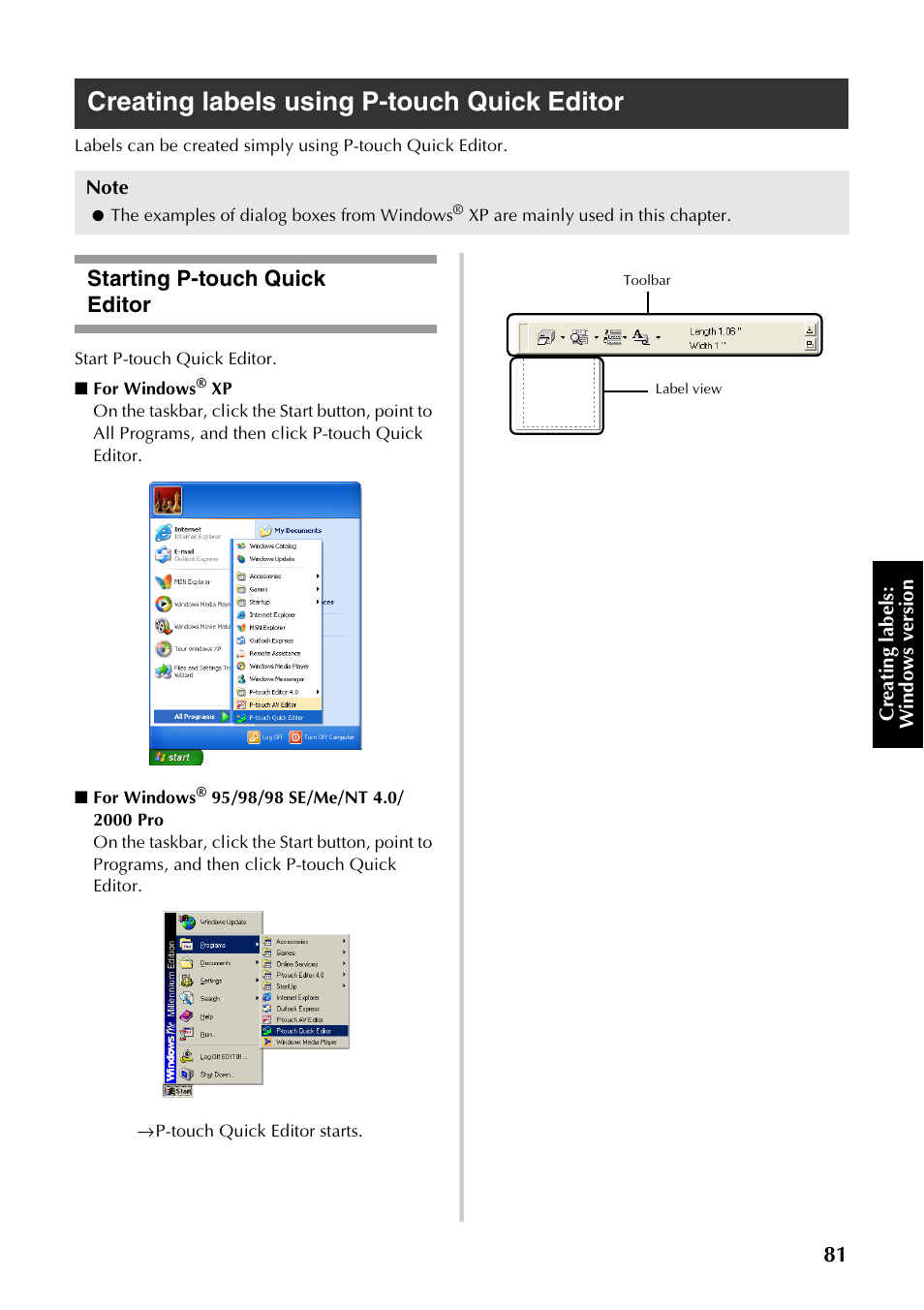 Creating labels using p-touch quick editor, Starting p-touch quick editor, P.81) | Brother PT-9500PC User Manual | Page 82 / 254
