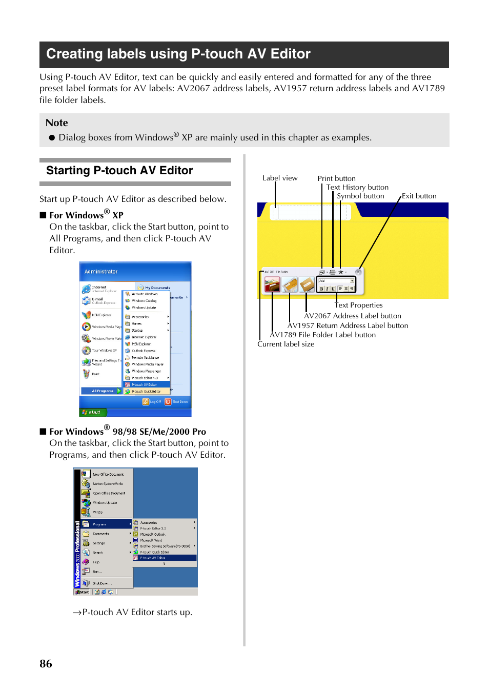 Creating labels using p-touch av editor, Starting p-touch av editor | Brother PT-9500PC User Manual | Page 87 / 254