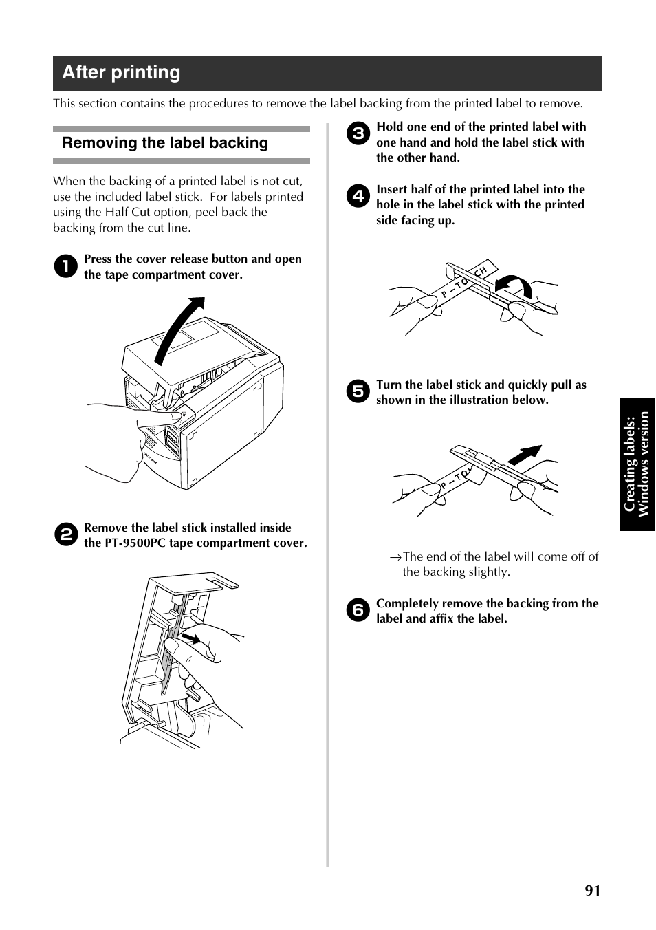 After printing, Removing the label backing | Brother PT-9500PC User Manual | Page 92 / 254