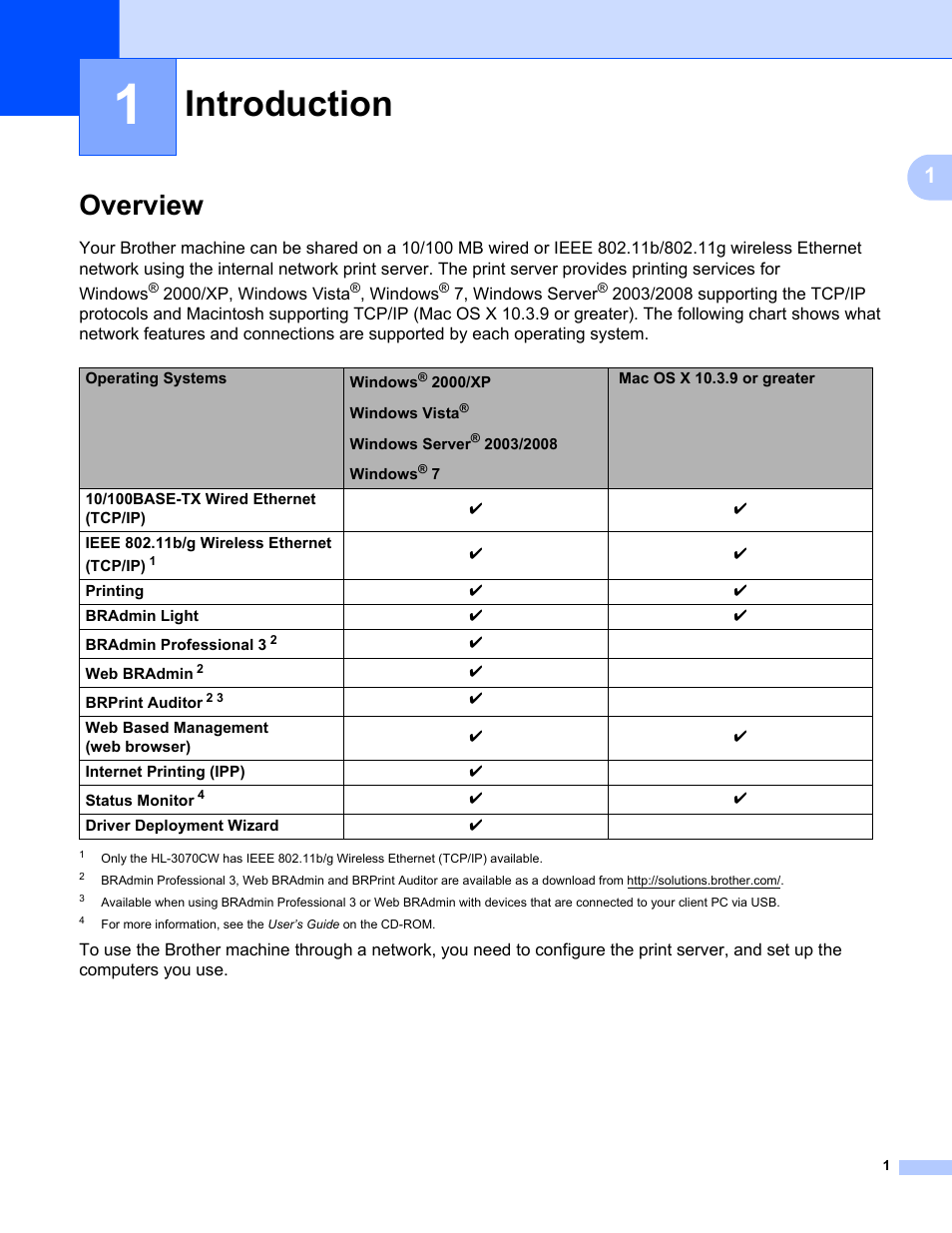 1 introduction, Overview, Introduction | Brother HL 3070CW User Manual | Page 11 / 154