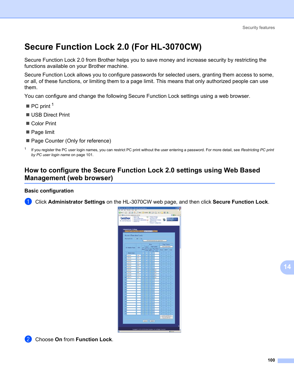Secure function lock 2.0 (for hl-3070cw), Web browser) | Brother HL 3070CW User Manual | Page 110 / 154