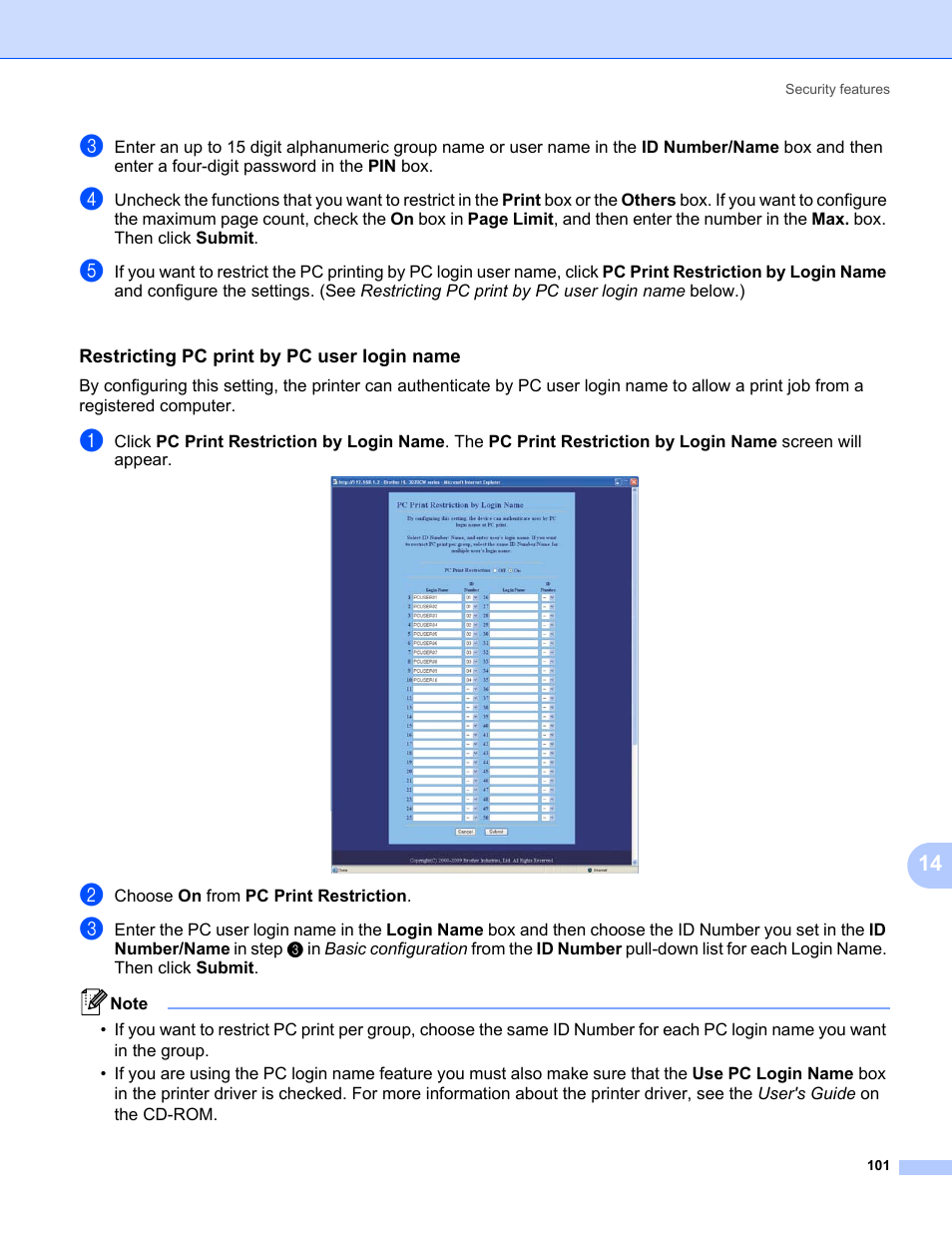 Restricting pc print by pc user login name | Brother HL 3070CW User Manual | Page 111 / 154