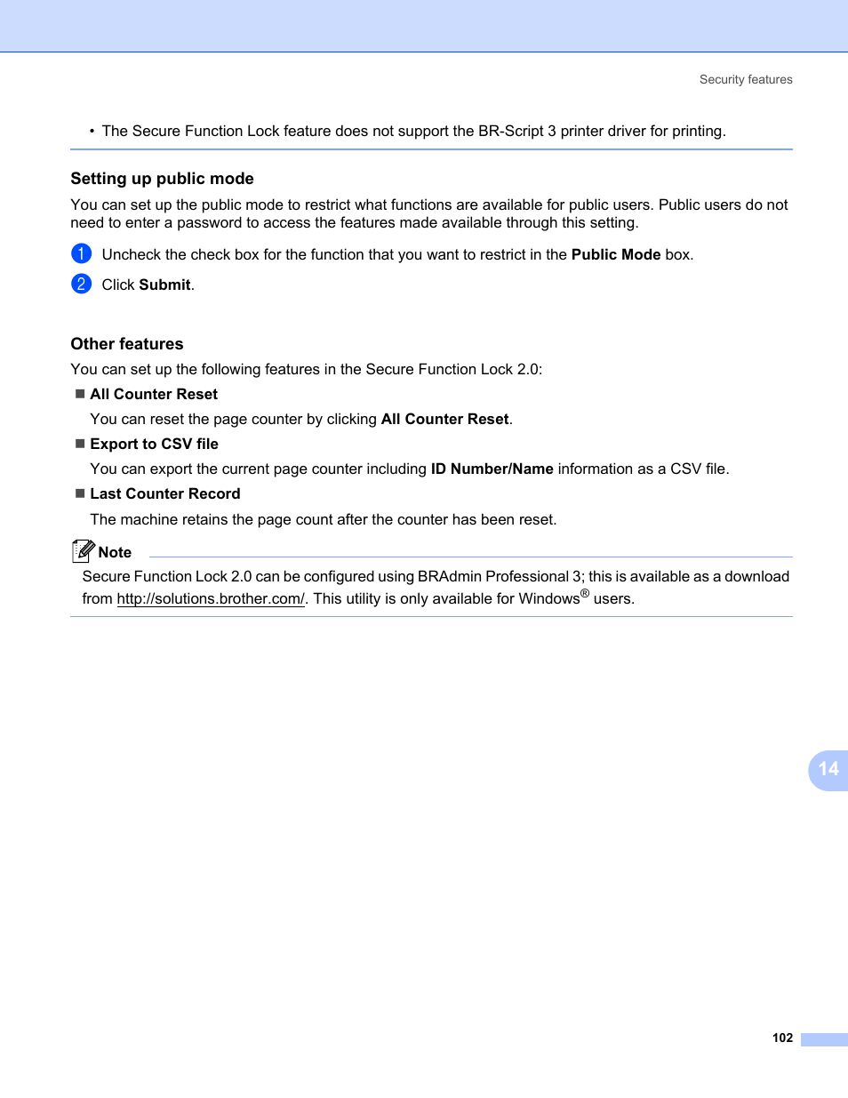 Setting up public mode, Other features | Brother HL 3070CW User Manual | Page 112 / 154