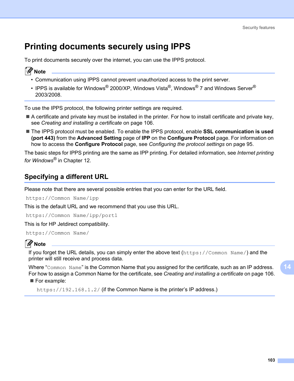 Printing documents securely using ipps, Specifying a different url | Brother HL 3070CW User Manual | Page 113 / 154