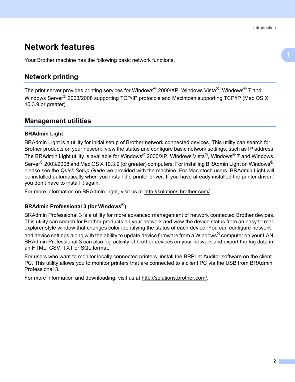 Network features, Network printing, Management utilities | Network printing management utilities | Brother HL 3070CW User Manual | Page 12 / 154