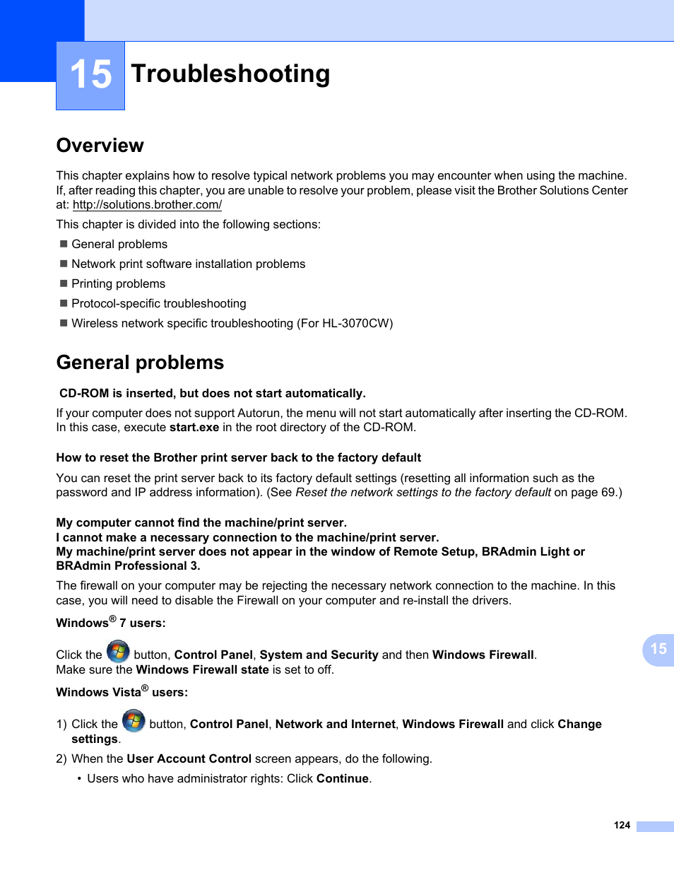 15 troubleshooting, Overview, General problems | Troubleshooting, Overview general problems | Brother HL 3070CW User Manual | Page 134 / 154