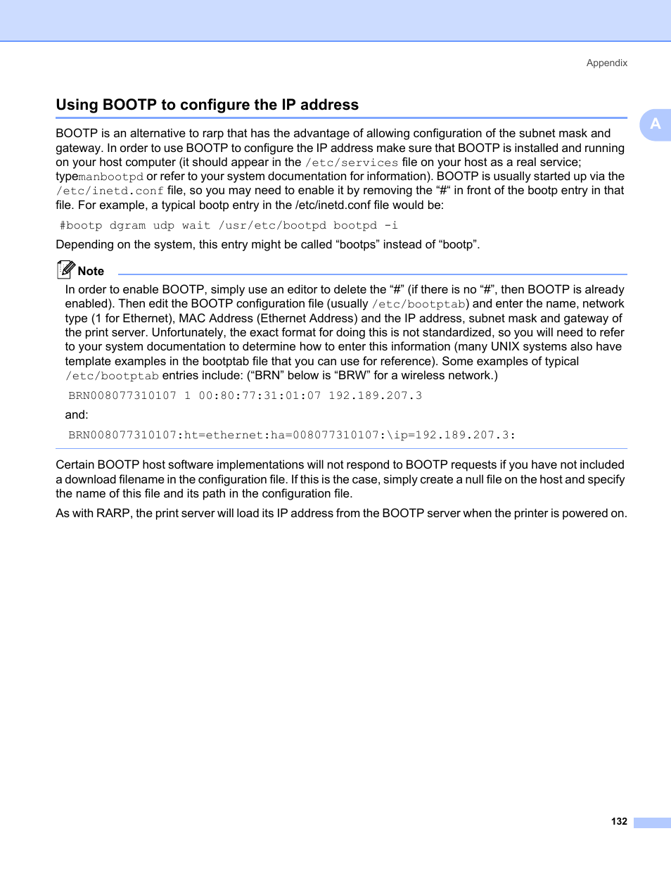 Using bootp to configure the ip address, Ausing bootp to configure the ip address | Brother HL 3070CW User Manual | Page 142 / 154