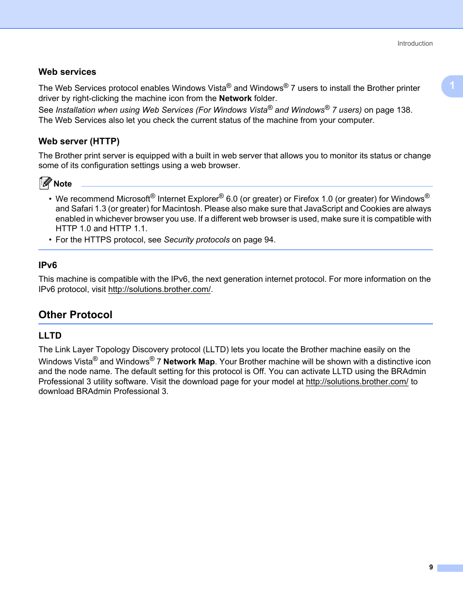 Web services, Web server (http), Ipv6 | Other protocol, Lltd | Brother HL 3070CW User Manual | Page 19 / 154