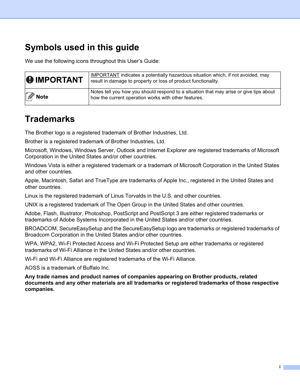 Symbols used in this guide, Trademarks | Brother HL 3070CW User Manual | Page 2 / 154