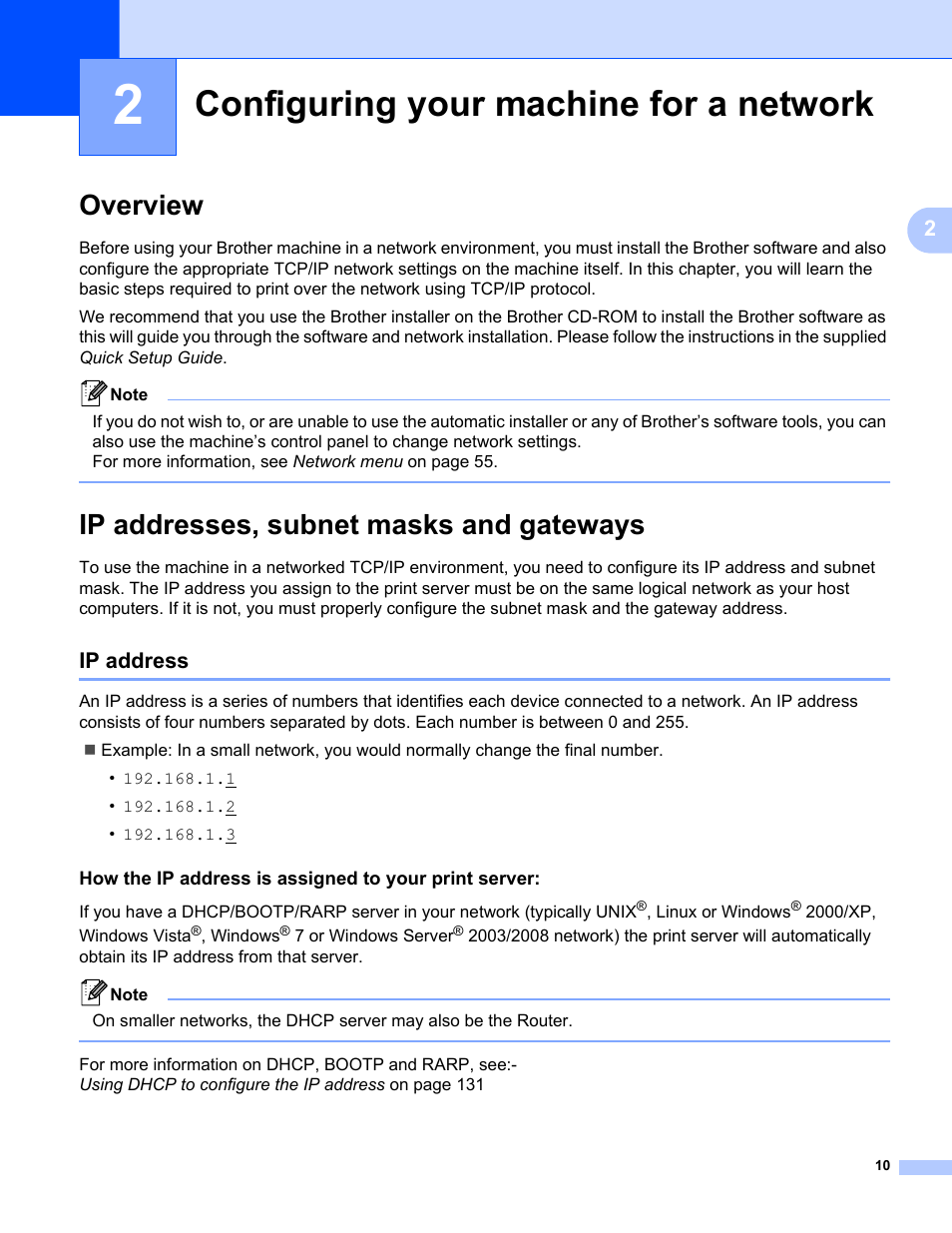 2 configuring your machine for a network, Overview, Ip addresses, subnet masks and gateways | Ip address, Configuring your machine for a network, Overview ip addresses, subnet masks and gateways | Brother HL 3070CW User Manual | Page 20 / 154