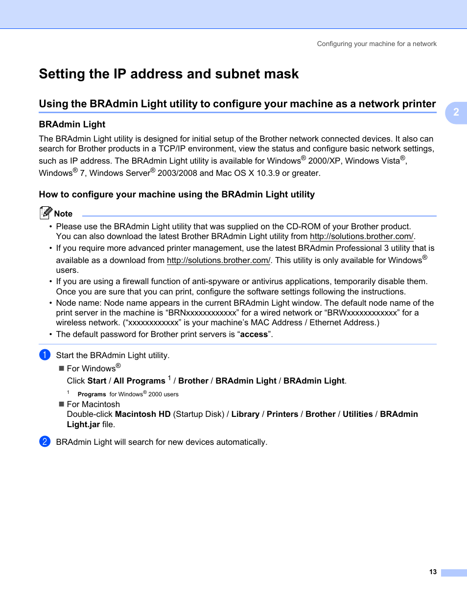 Setting the ip address and subnet mask, Bradmin light | Brother HL 3070CW User Manual | Page 23 / 154