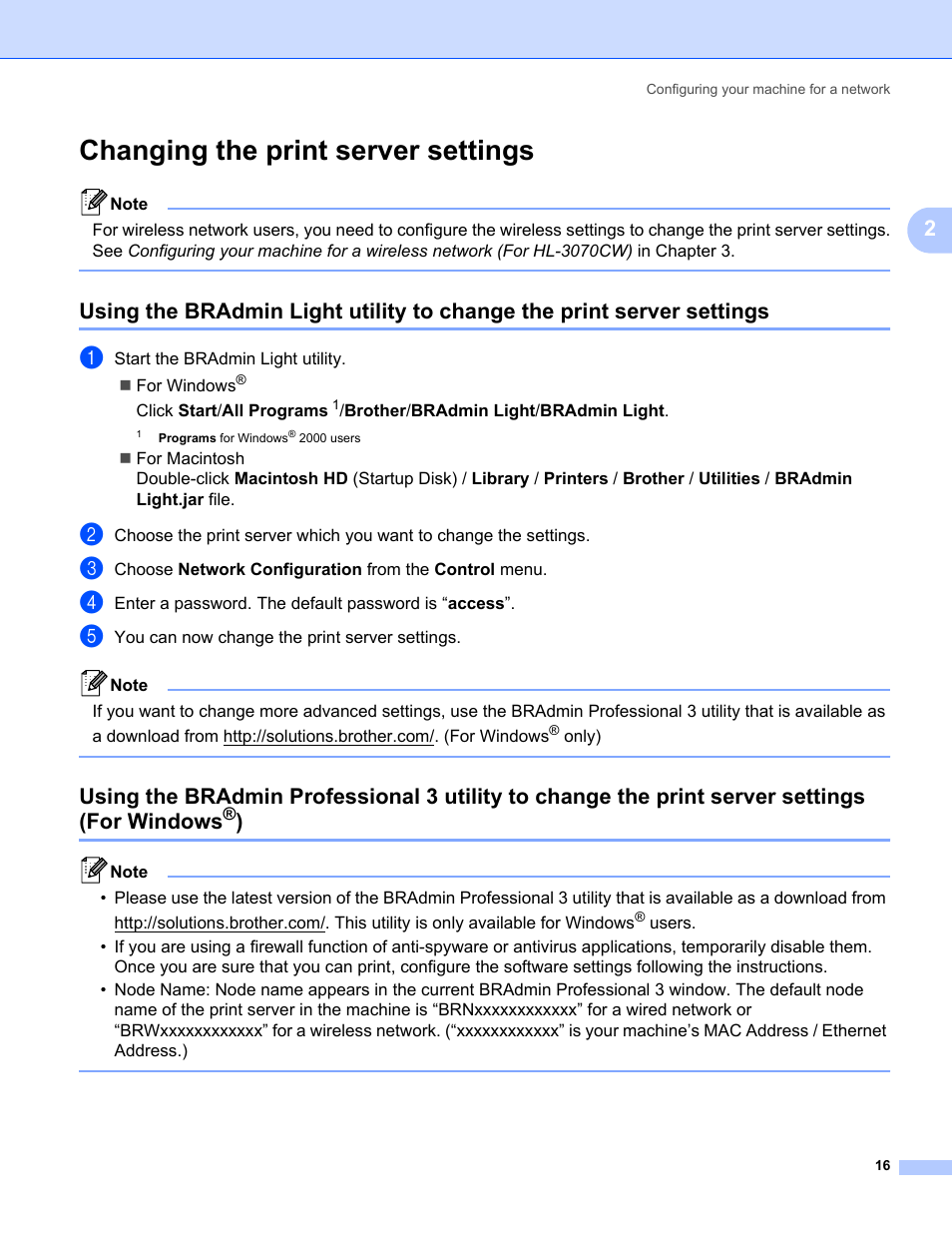 Changing the print server settings, Windows | Brother HL 3070CW User Manual | Page 26 / 154