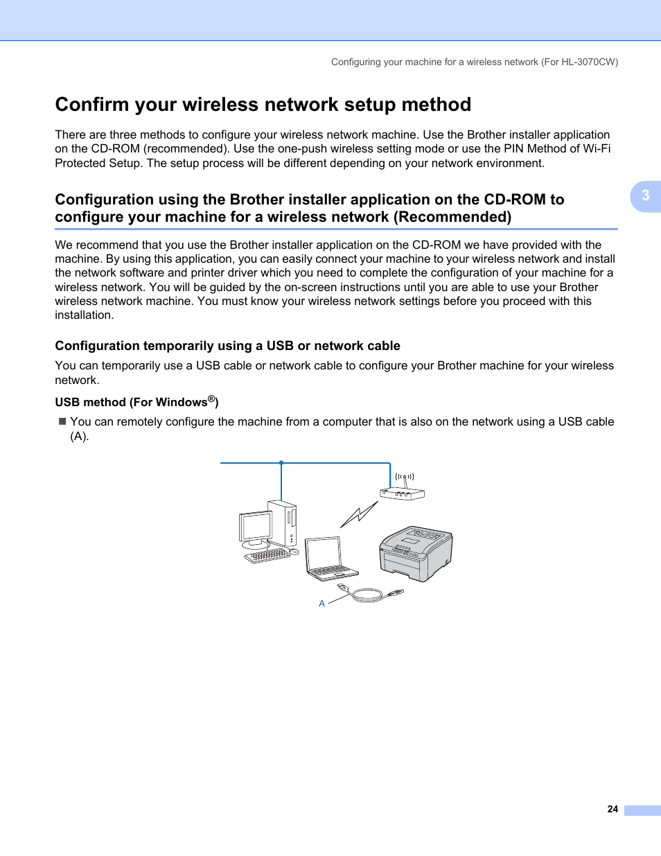 Confirm your wireless network setup method, Machine for a wireless network (recommended) | Brother HL 3070CW User Manual | Page 34 / 154