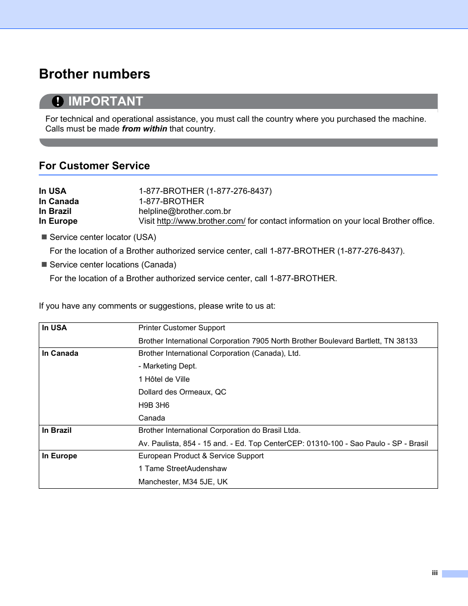 Brother numbers, Important, For customer service | Brother HL 3070CW User Manual | Page 4 / 154