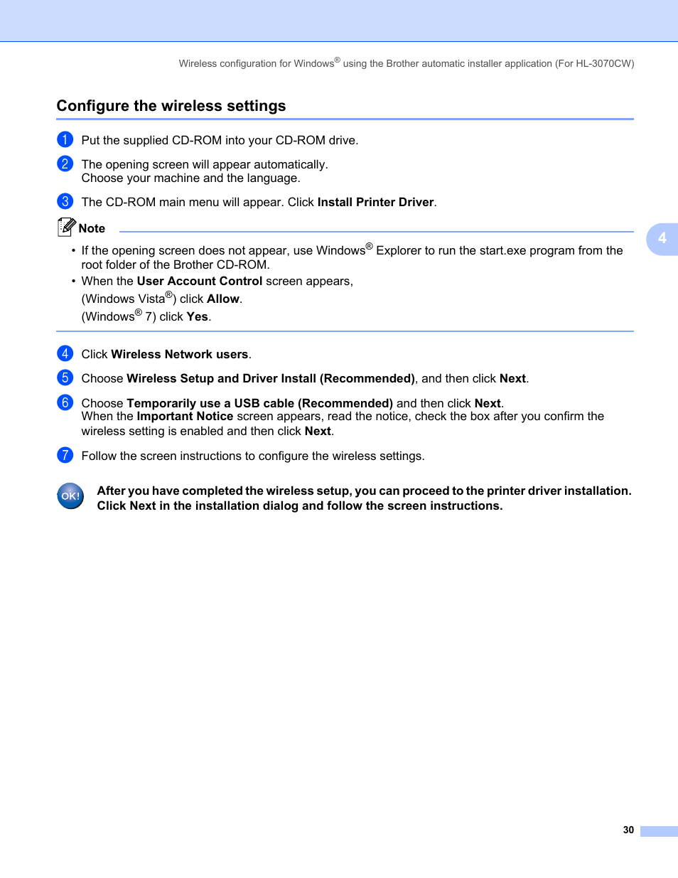 Configure the wireless settings, 4configure the wireless settings | Brother HL 3070CW User Manual | Page 40 / 154