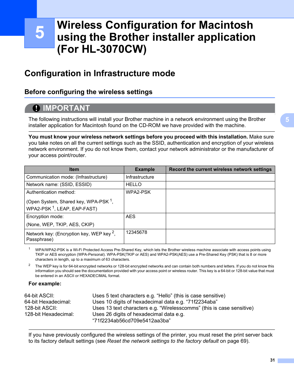 Configuration in infrastructure mode, Before configuring the wireless settings, Important | Brother HL 3070CW User Manual | Page 41 / 154