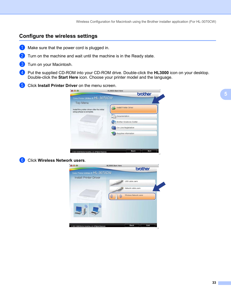 Configure the wireless settings | Brother HL 3070CW User Manual | Page 43 / 154