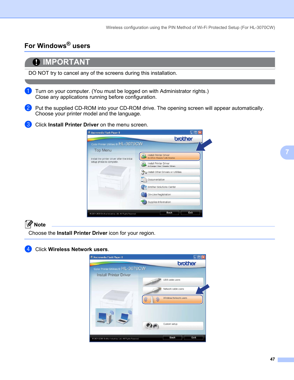 For windows® users, For windows, Users | Important, 7for windows | Brother HL 3070CW User Manual | Page 57 / 154