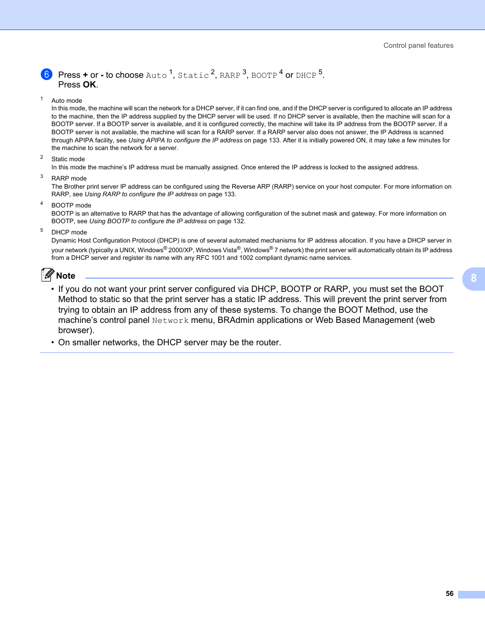 Press + or - to choose auto, Sta tic, Rarp | Bootp, Or dhcp, Press ok | Brother HL 3070CW User Manual | Page 66 / 154