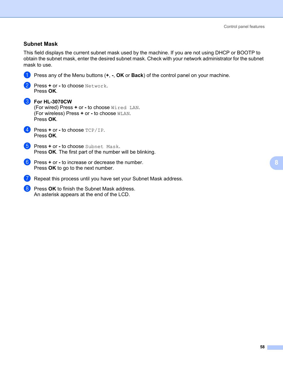 Subnet mask | Brother HL 3070CW User Manual | Page 68 / 154