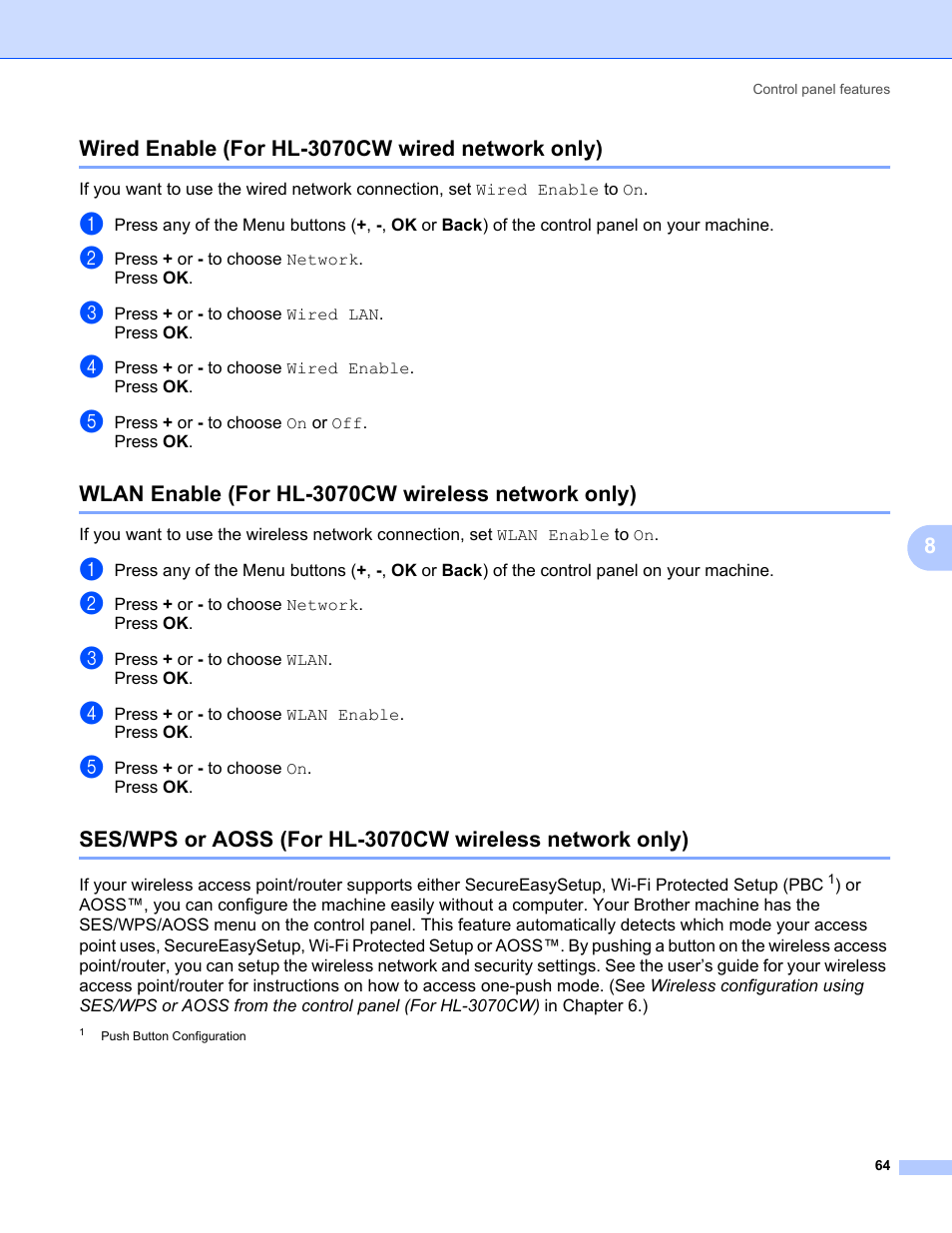 Wired enable (for hl-3070cw wired network only), Wlan enable (for hl-3070cw wireless network only) | Brother HL 3070CW User Manual | Page 74 / 154