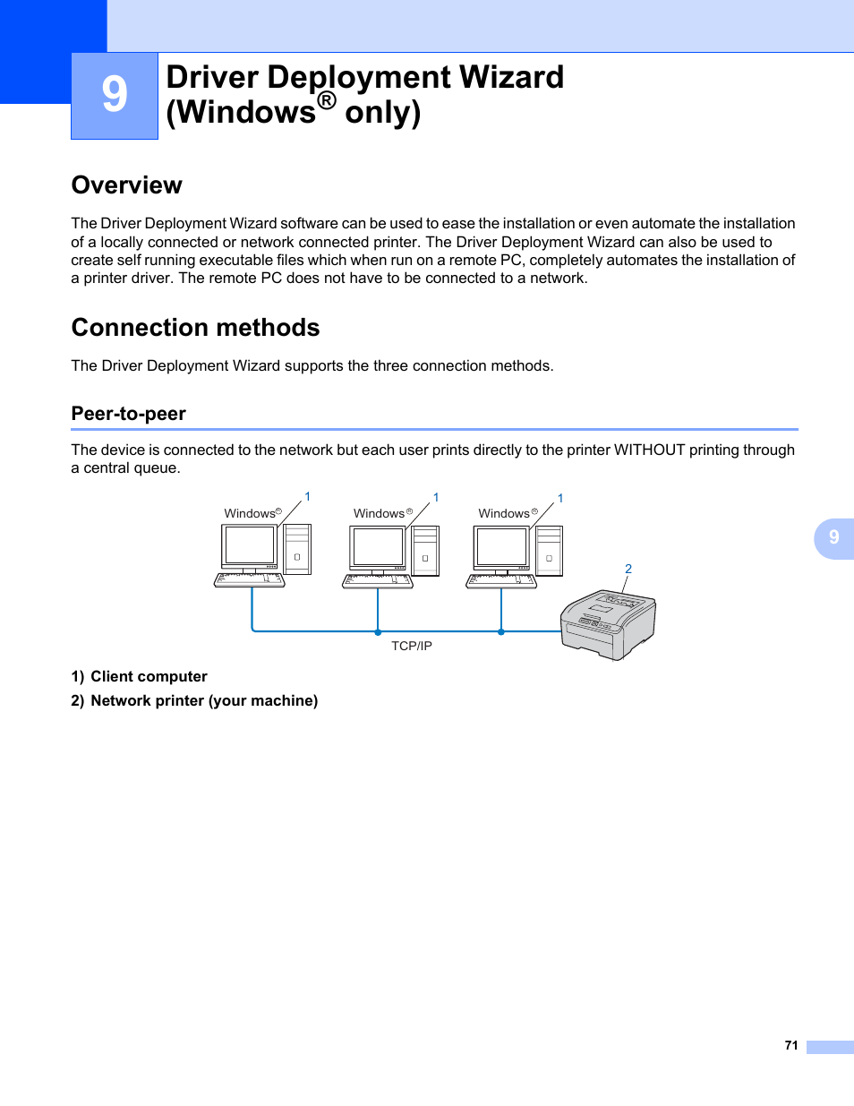 9 driver deployment wizard (windows® only), Overview, Connection methods | Peer-to-peer, Driver deployment wizard (windows, Only), Overview connection methods | Brother HL 3070CW User Manual | Page 81 / 154