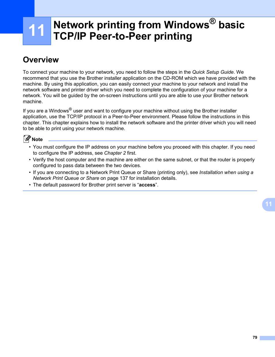 Overview, Network printing from windows, Basic tcp/ip peer-to-peer printing | Brother HL 3070CW User Manual | Page 89 / 154