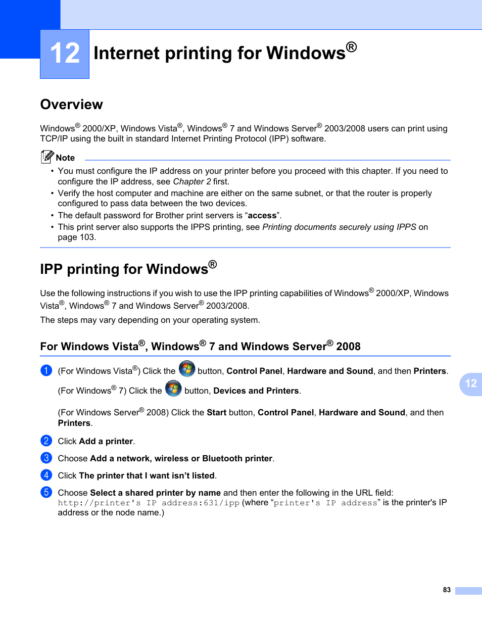 12 internet printing for windows, Overview, Ipp printing for windows | Internet printing for windows, Overview ipp printing for windows, For windows vista, Windows, 7 and windows server | Brother HL 3070CW User Manual | Page 93 / 154
