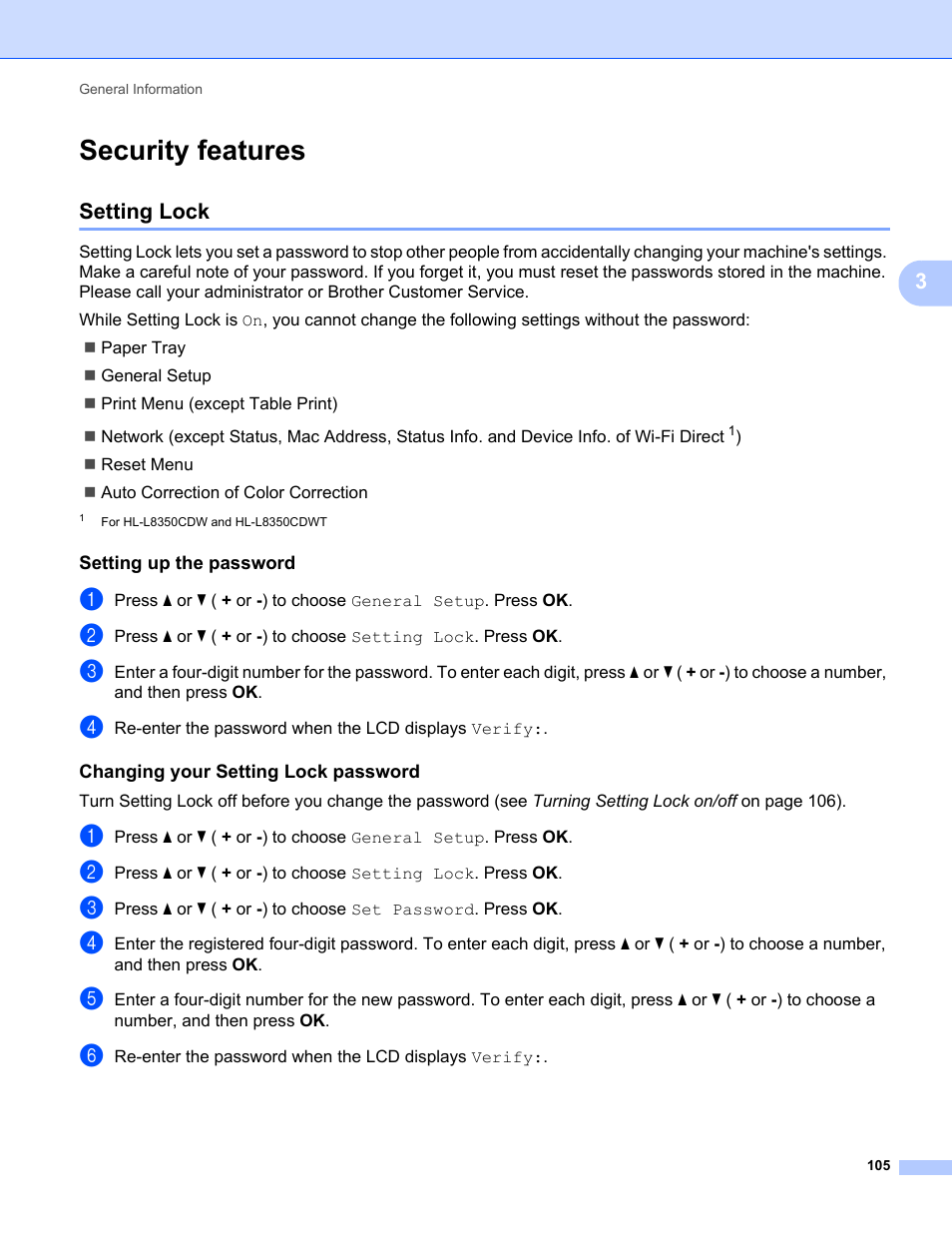 Security features, Setting lock, Setting up the password | Changing your setting lock password | Brother HL-L8350CDWT User Manual | Page 112 / 223