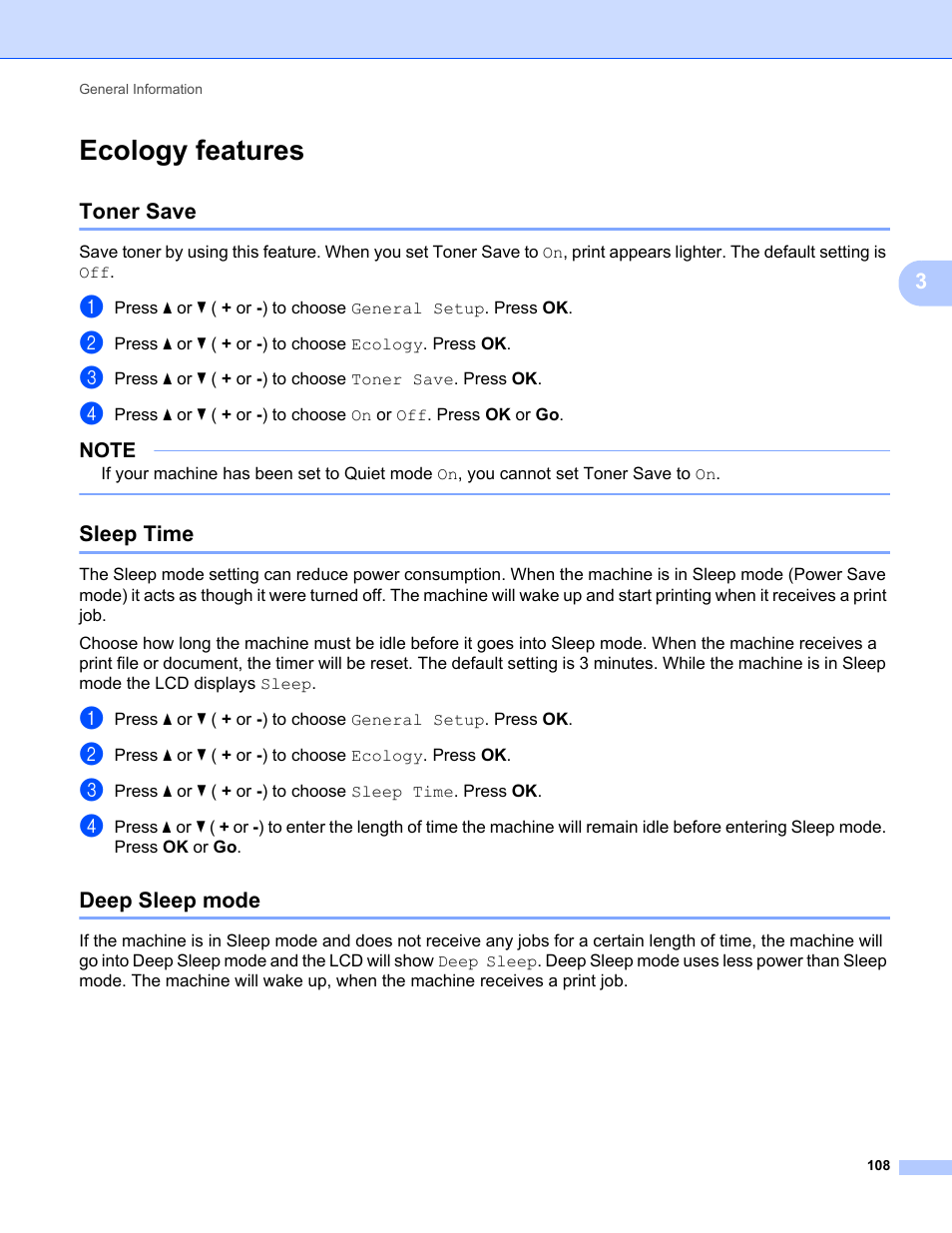 Ecology features, Toner save, Sleep time | Deep sleep mode, Toner save sleep time deep sleep mode | Brother HL-L8350CDWT User Manual | Page 115 / 223