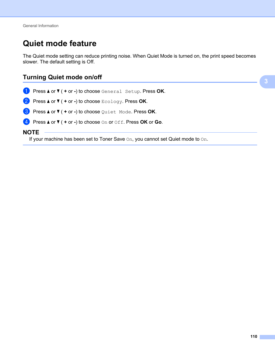 Quiet mode feature, Turning quiet mode on/off | Brother HL-L8350CDWT User Manual | Page 117 / 223