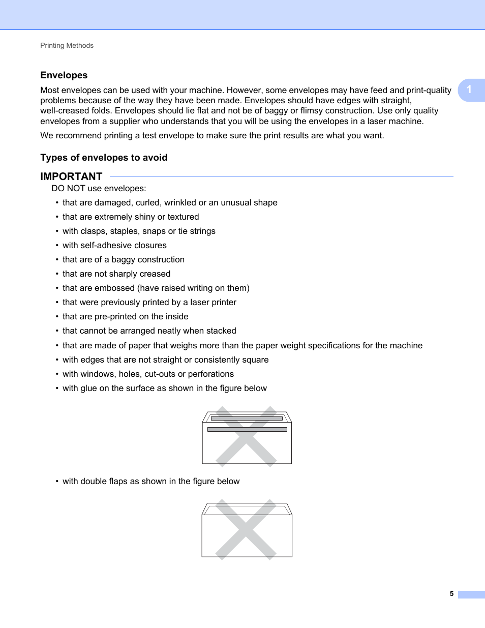 Envelopes, Types of envelopes to avoid, Important | With double flaps as shown in the figure below | Brother HL-L8350CDWT User Manual | Page 12 / 223