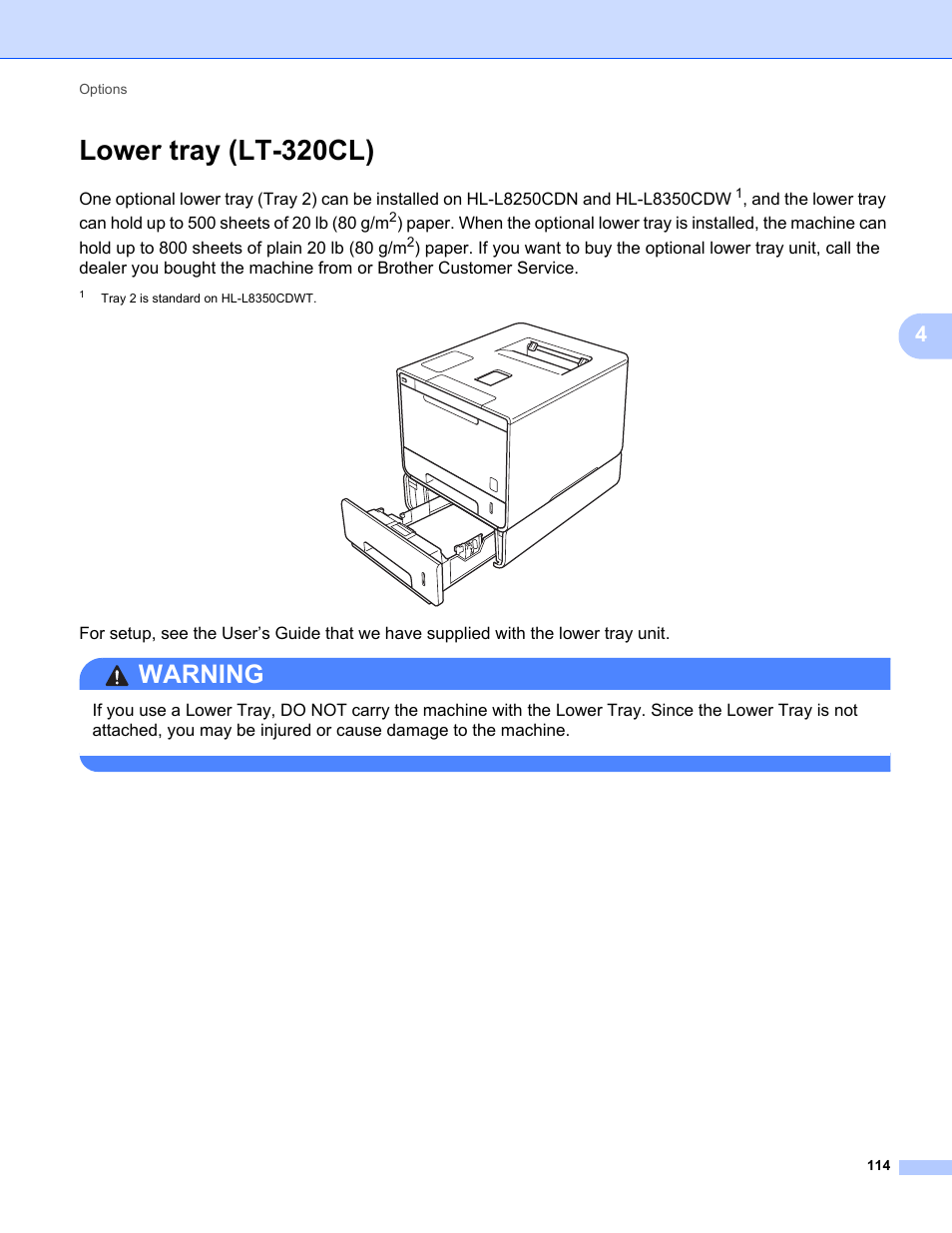 Lower tray (lt-320cl), Warning | Brother HL-L8350CDWT User Manual | Page 121 / 223
