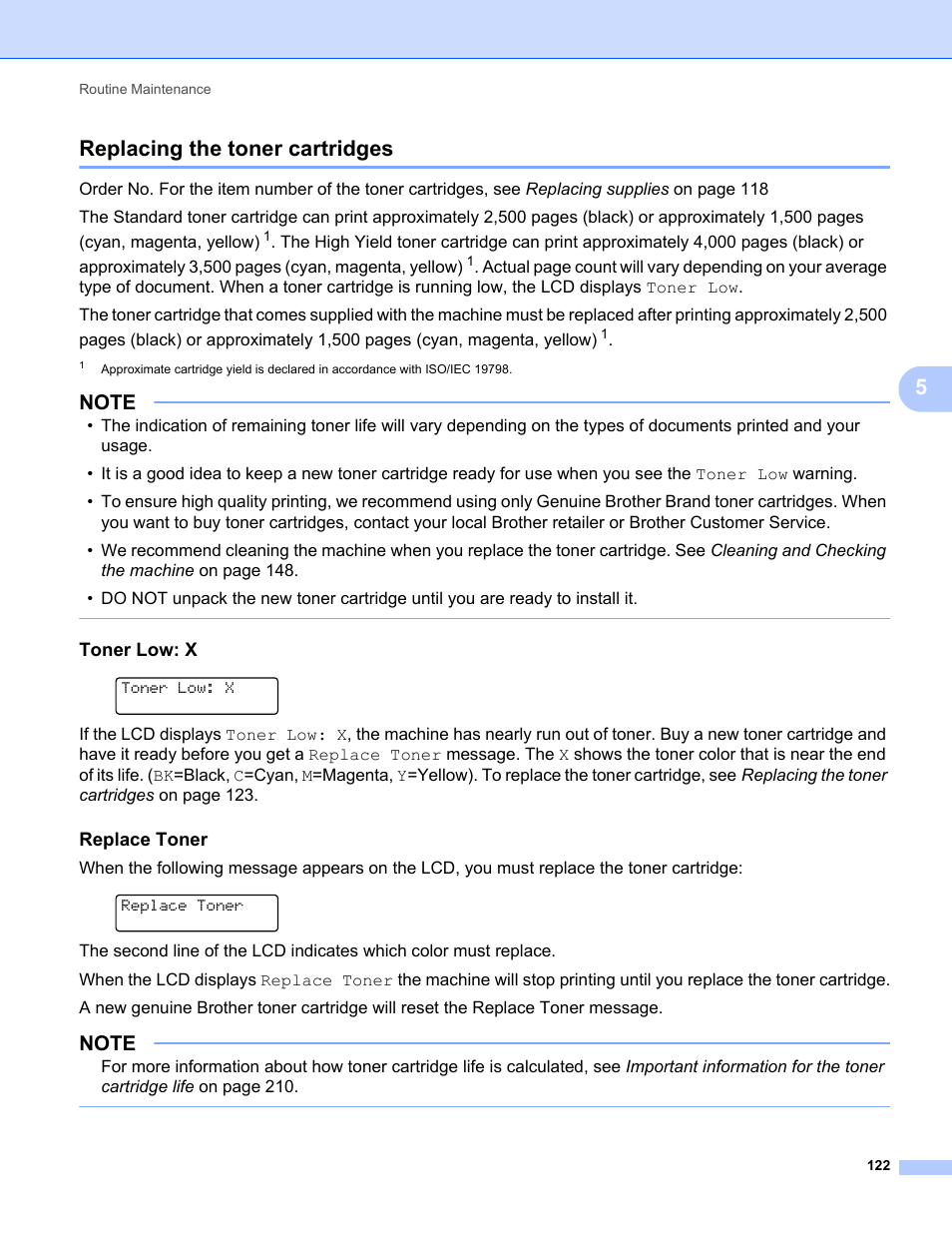 Replacing the toner cartridges, Toner low: x, Replace toner | 5replacing the toner cartridges | Brother HL-L8350CDWT User Manual | Page 129 / 223