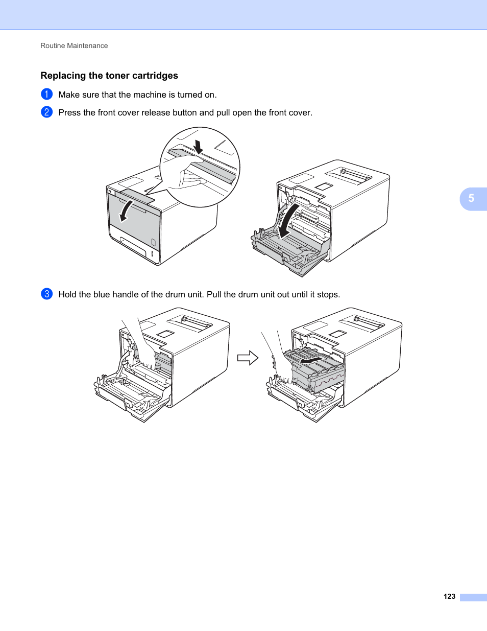 Replacing the toner cartridges, Replacing the toner | Brother HL-L8350CDWT User Manual | Page 130 / 223