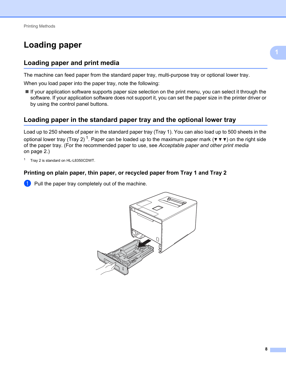 Loading paper, Loading paper and print media | Brother HL-L8350CDWT User Manual | Page 15 / 223