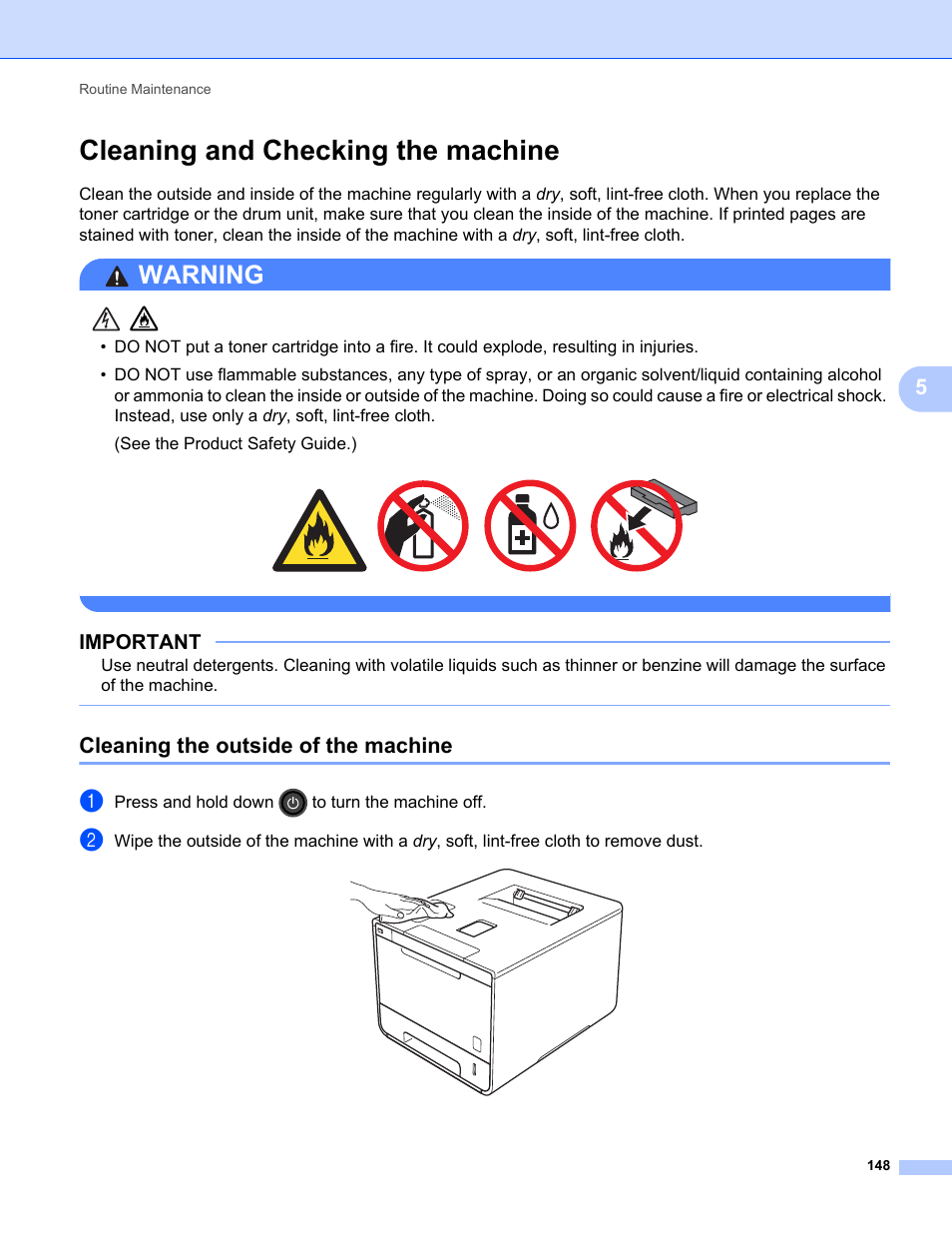 Cleaning and checking the machine, Cleaning the outside of the machine, Cleaning and checking | Warning, Important | Brother HL-L8350CDWT User Manual | Page 155 / 223